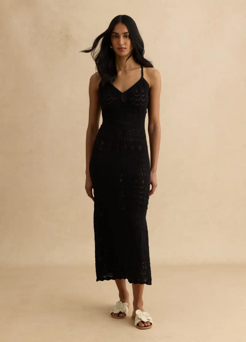 Abito Nero In Crochet Di Puro Cotone Slim Fit, Donna, Nero