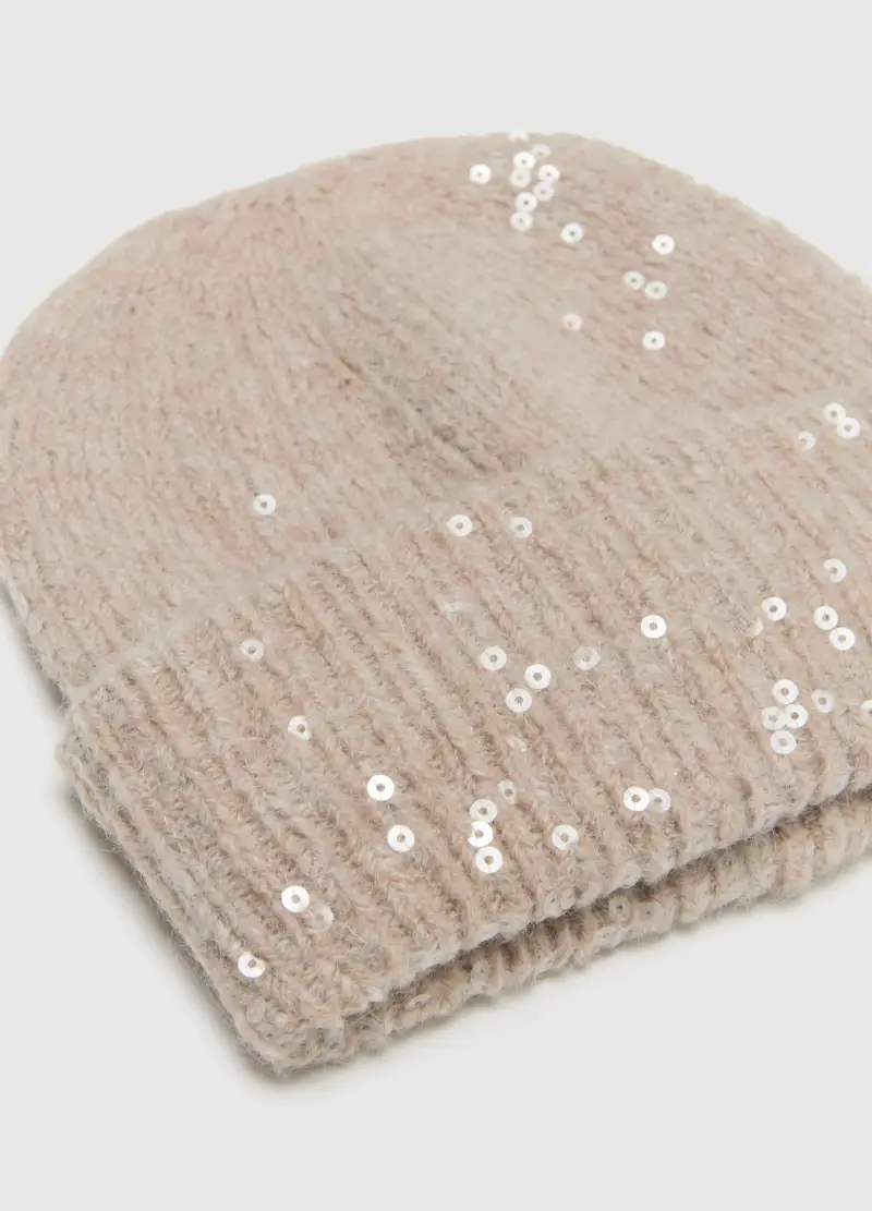 Berretto A Maglia Jersey Beige Con Paillettes, Donna, Beige miniatura 3