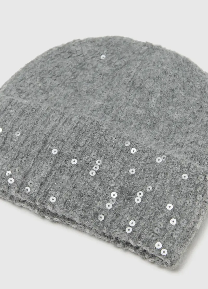 Berretto A Maglia Jersey Grigio Con Paillettes, Donna, Grigio miniatura 2