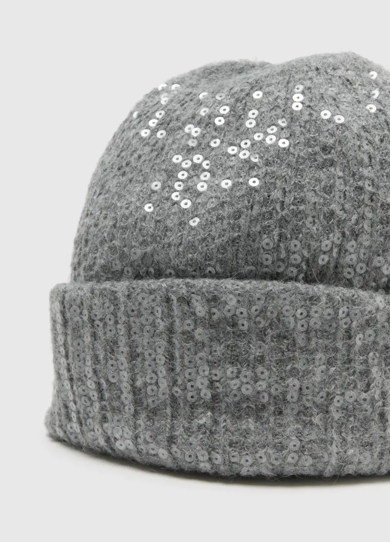 Berretto A Maglia Jersey Grigio Con Paillettes, Donna, Grigio miniatura 3