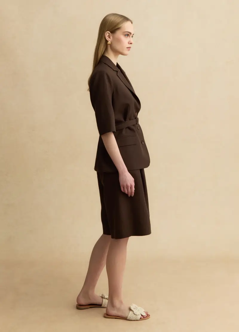 Blazer In Misto Lyocell E Lino Marrone Regular Fit Con Cintura, Donna, Marrone miniatura 2