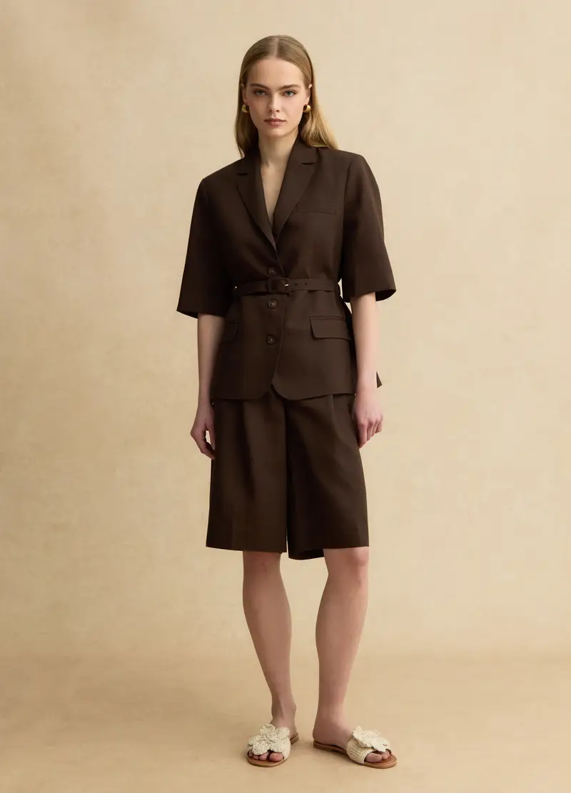 Blazer In Misto Lyocell E Lino Marrone Regular Fit Con Cintura, Donna, Marrone miniatura 3