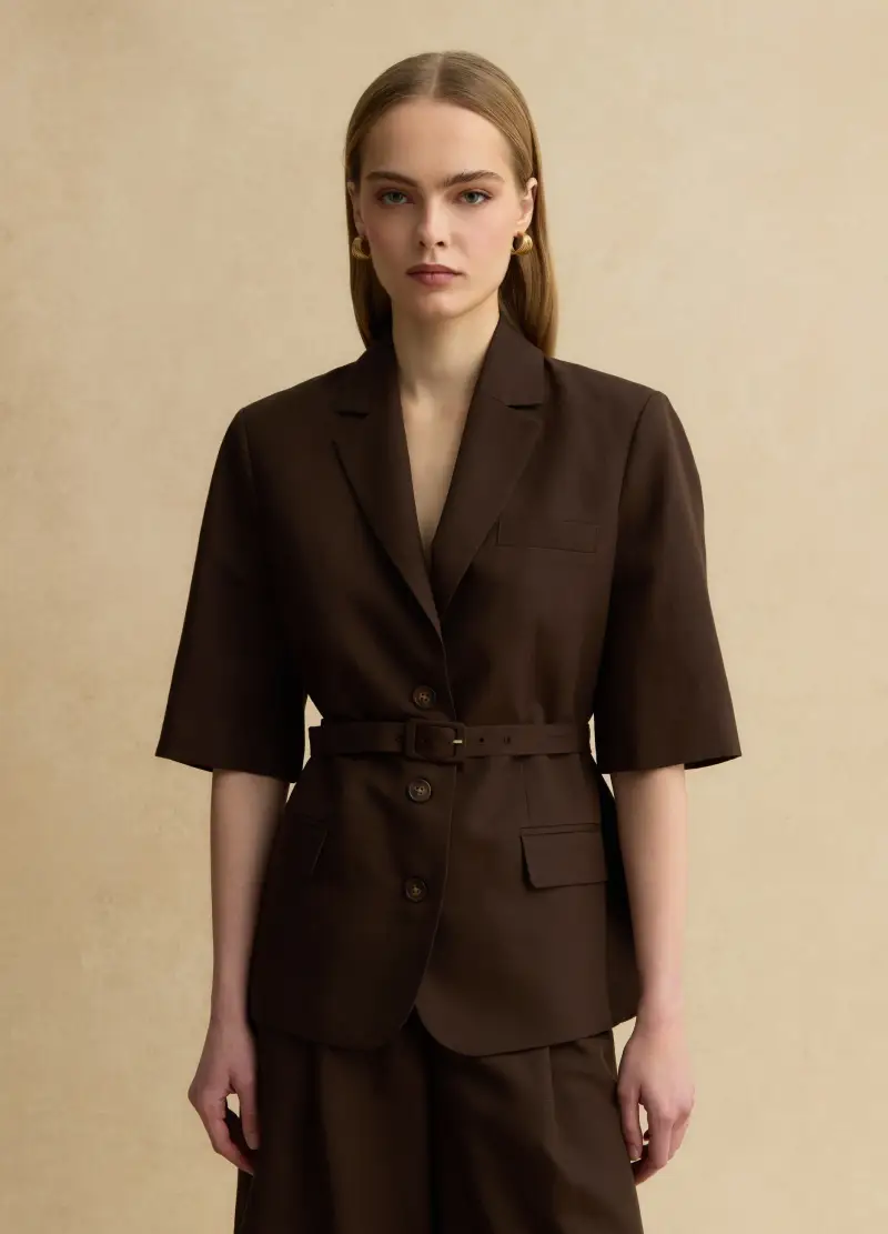 Blazer In Misto Lyocell E Lino Marrone Regular Fit Con Cintura, Donna, Marrone