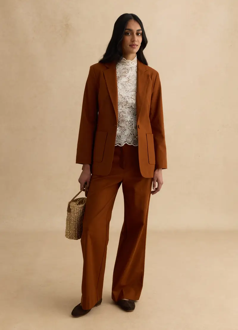 Blazer Marrone In Cotone E Lino Regular Fit, Donna, Marrone miniatura 2