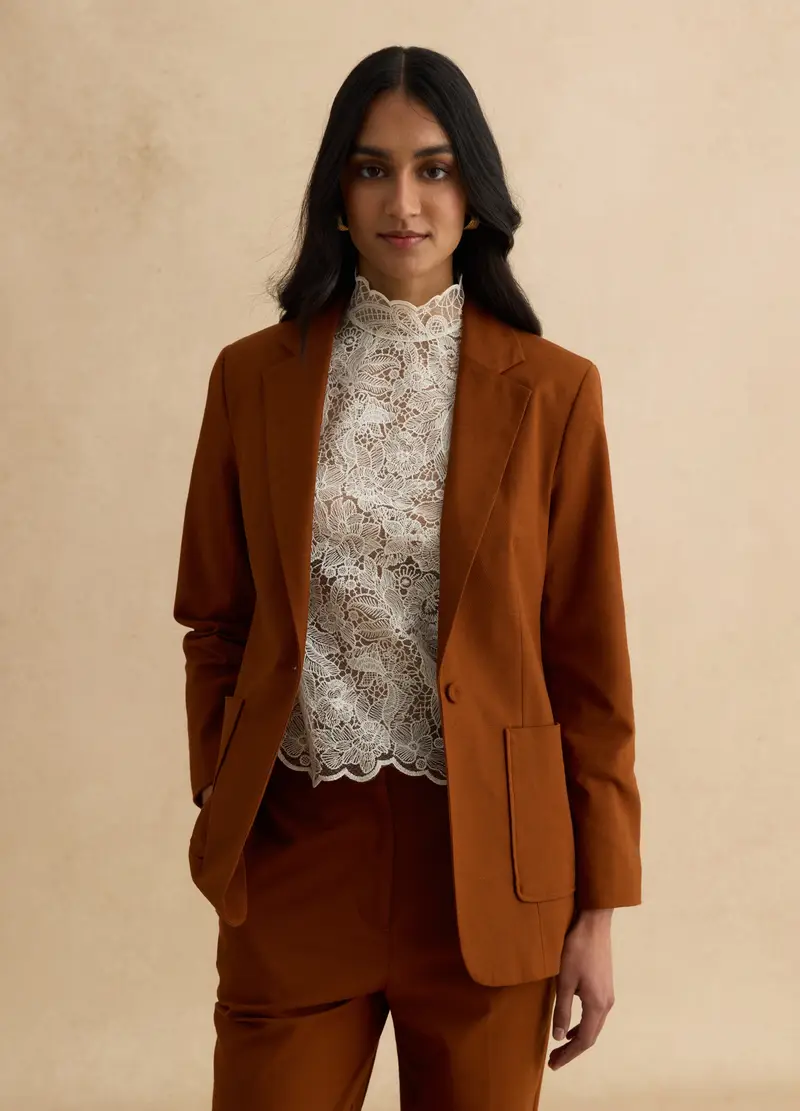 Blazer Marrone In Cotone E Lino Regular Fit, Donna, Marrone miniatura 3