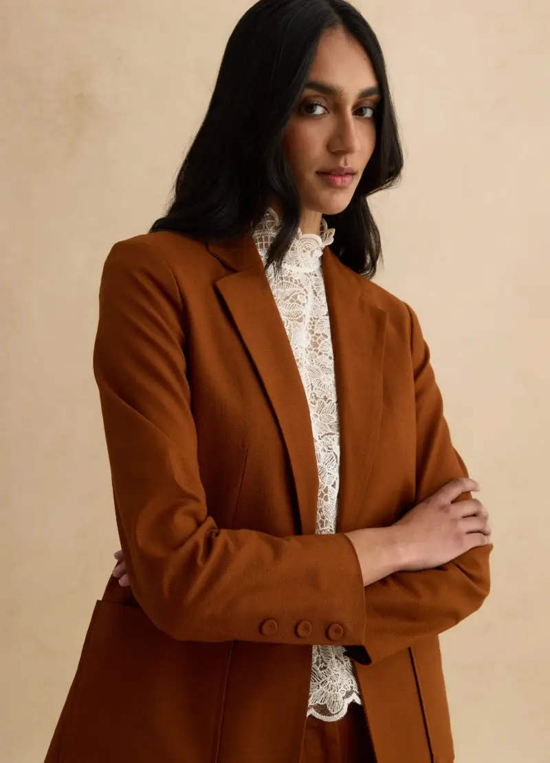 Blazer Marrone In Cotone E Lino Regular Fit, Donna, Marrone