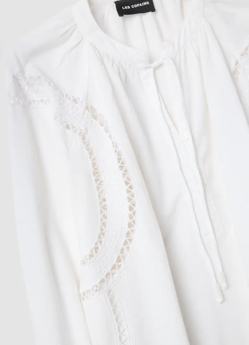 Blusa In Misto Cotone E Lino Bianca Regular Fit Con Dettagli Traforati, Donna, Bianco miniatura 2