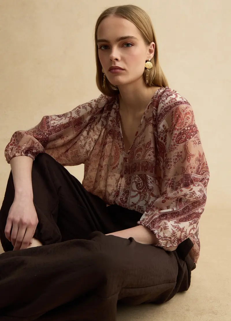 Blusa In Misto Lyocell Multicolor Regular Fit Con Bottoni, Donna, Multicolor