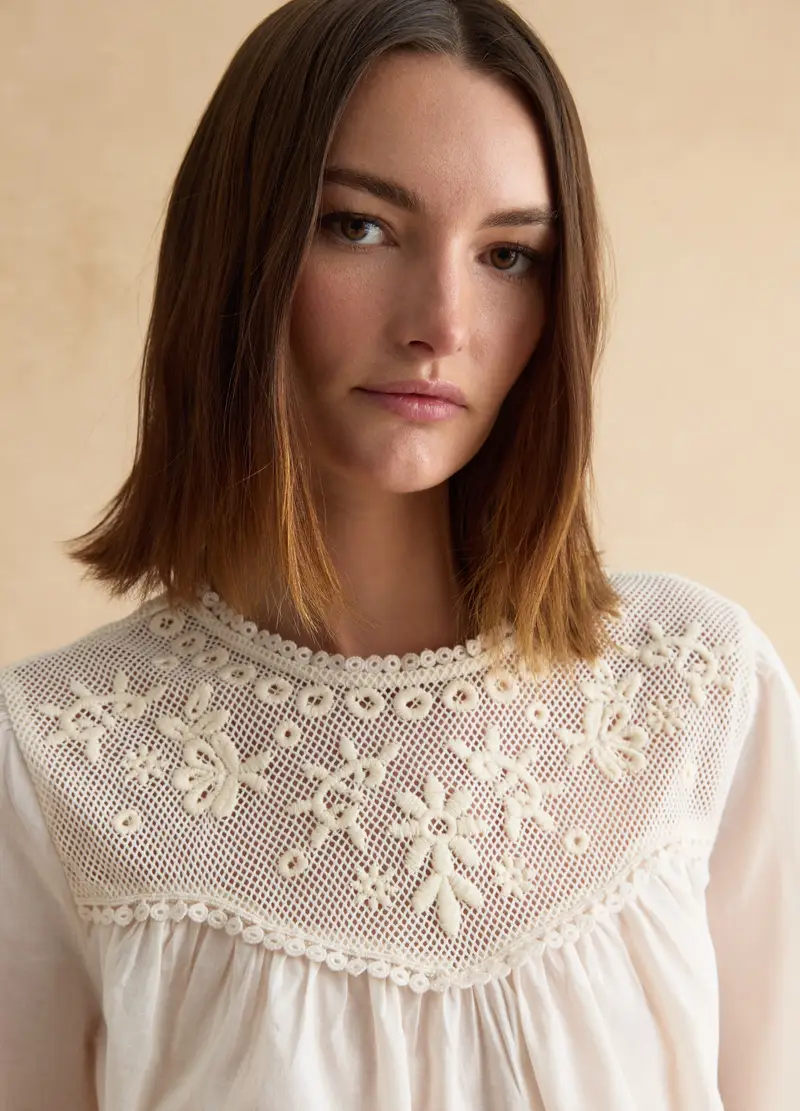 Blusa In Puro Cotone Bianca Regular Fit Con Ricami, Donna, Bianco miniatura 3