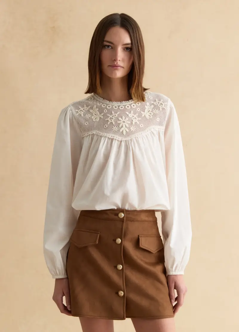 Blusa In Puro Cotone Bianca Regular Fit Con Ricami, Donna, Bianco