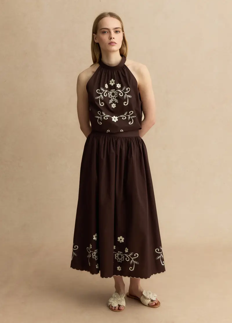 Blusa In Puro Cotone Marrone Regular Fit Con Ricami Floreali, Donna, Marrone miniatura 2