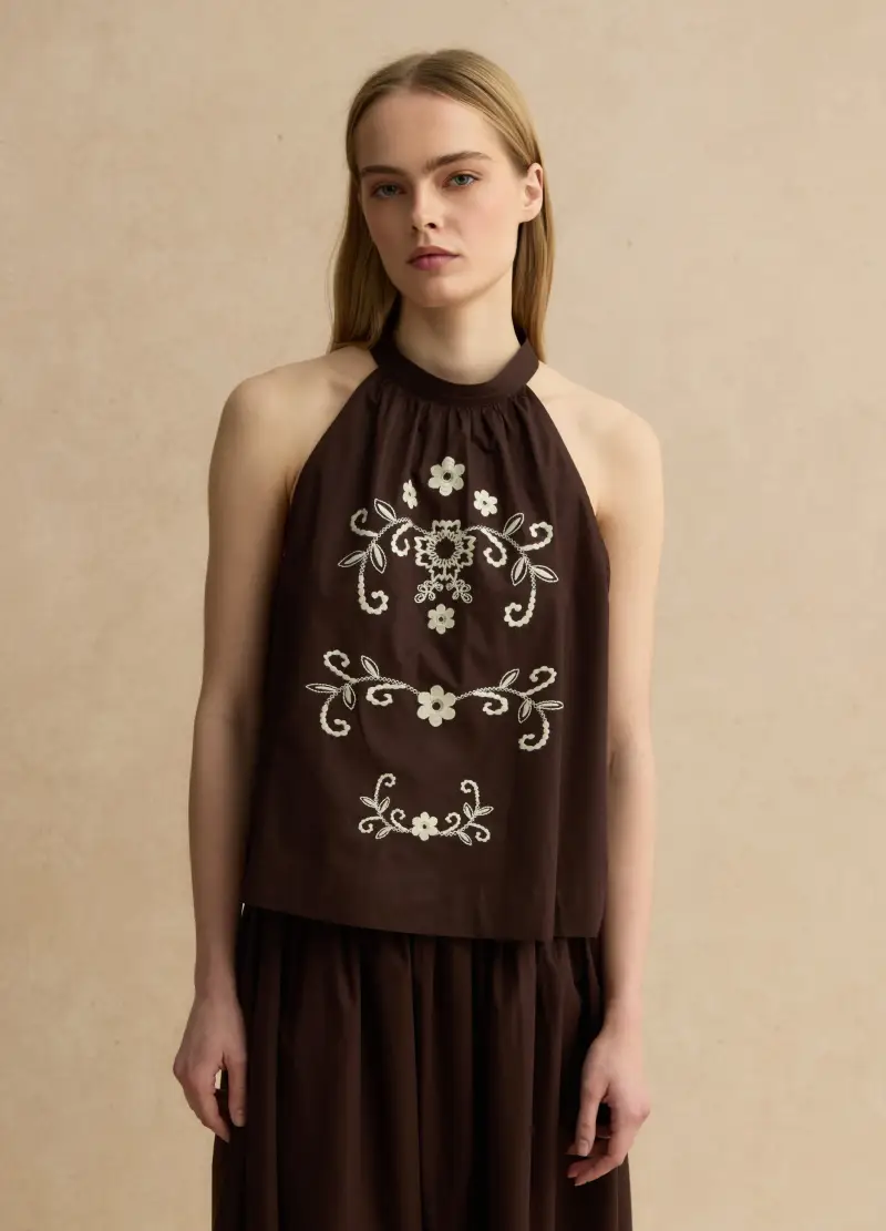 Blusa In Puro Cotone Marrone Regular Fit Con Ricami Floreali, Donna, Marrone miniatura 3