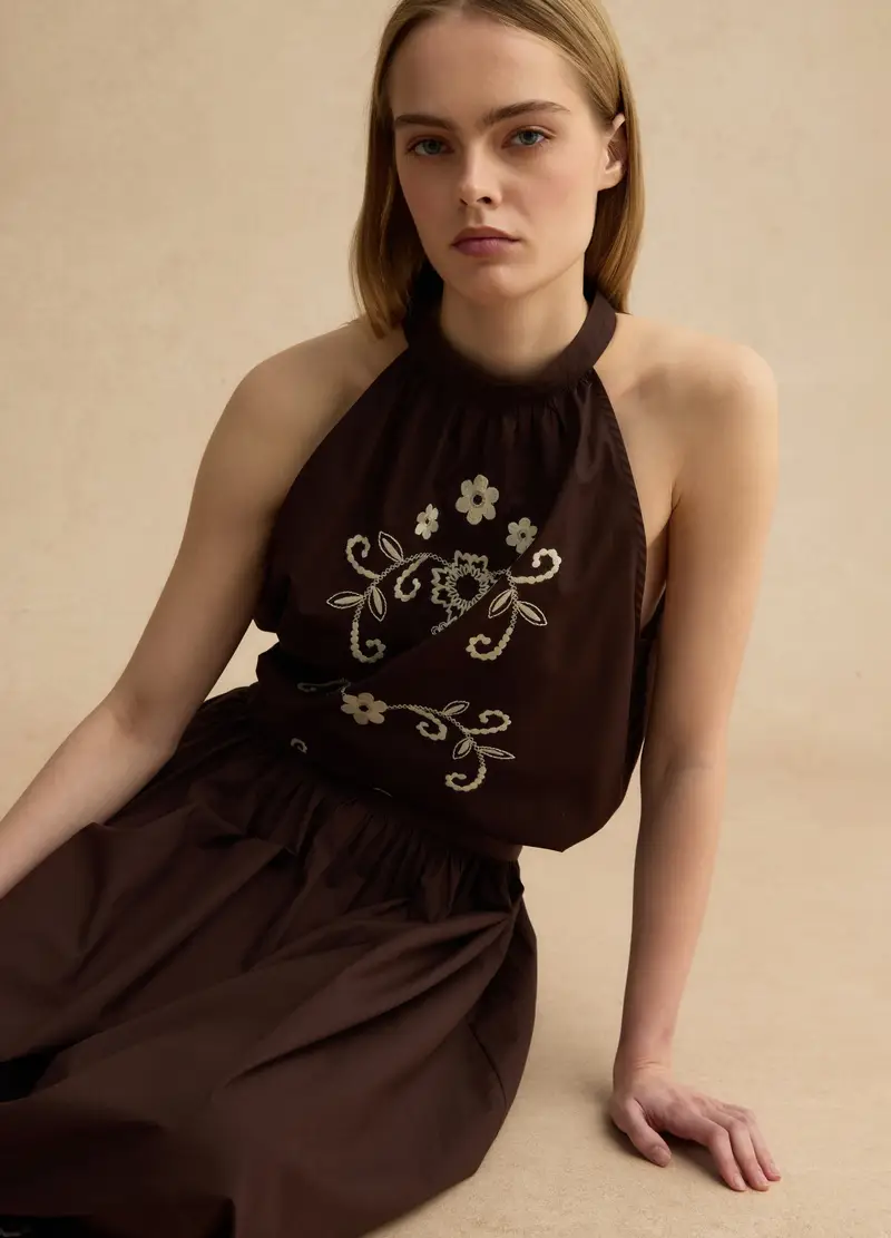 Blusa In Puro Cotone Marrone Regular Fit Con Ricami Floreali, Donna, Marrone