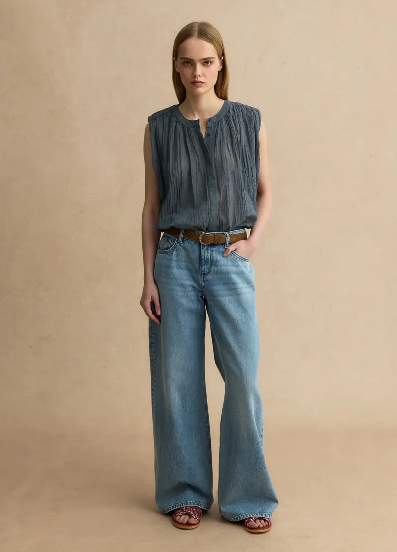 Blusa Senza Maniche In Puro Cotone Blu Regular Fit, Donna, Blu miniatura 2