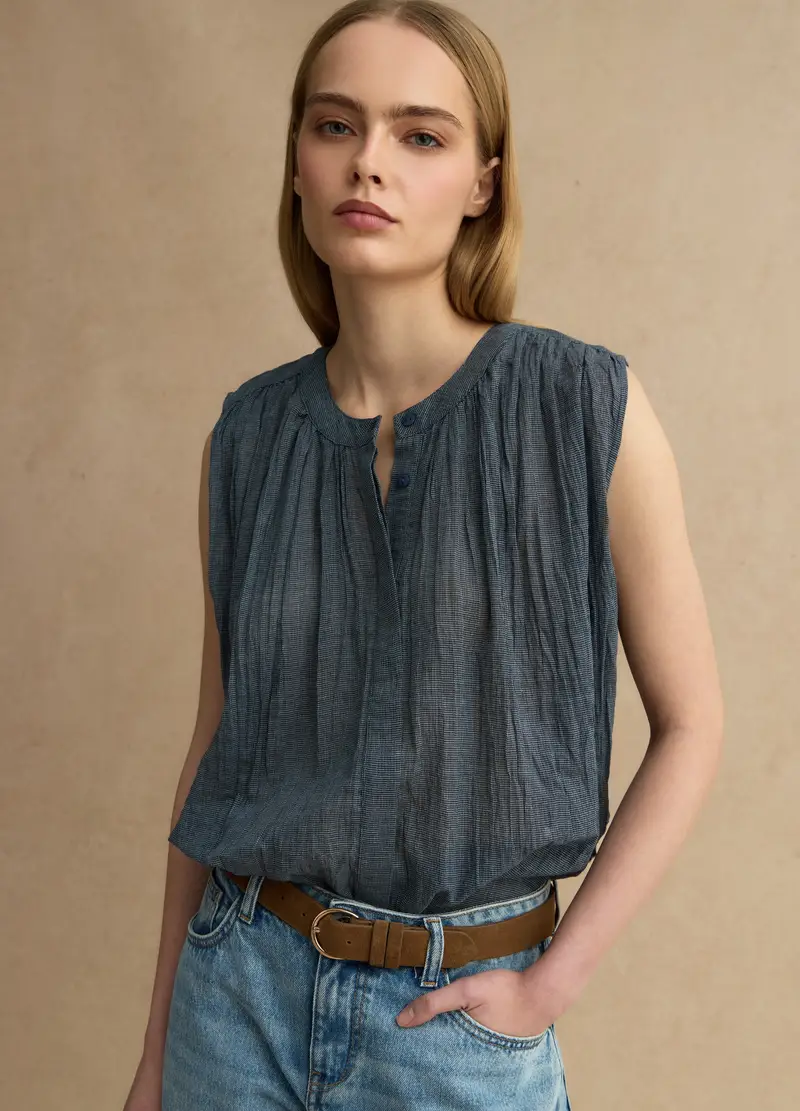 Blusa Senza Maniche In Puro Cotone Blu Regular Fit, Donna, Blu