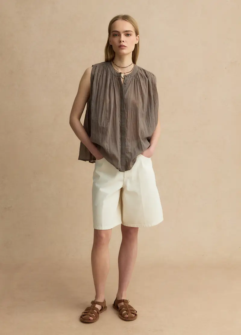 Blusa Senza Maniche In Puro Cotone Marrone Regular Fit, Donna, Marrone miniatura 2