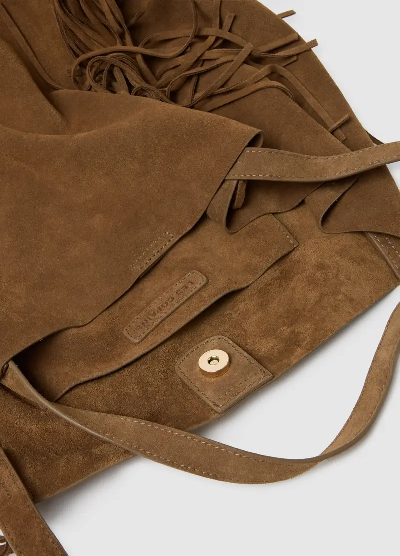 Borsa Shopper In Vera Pelle Marrone Con Frange, Donna, Marrone miniatura 3