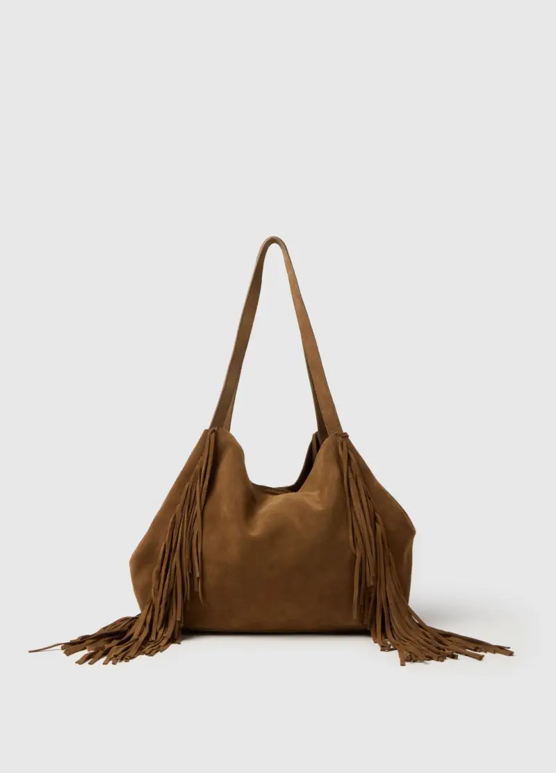 Borsa Shopper In Vera Pelle Marrone Con Frange, Donna, Marrone