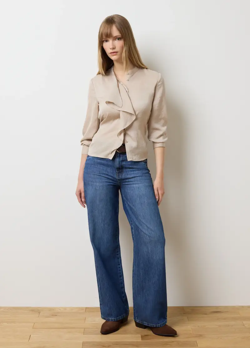 Camicetta Beige Con Collo Alla Coreana, Donna, Beige miniatura 2