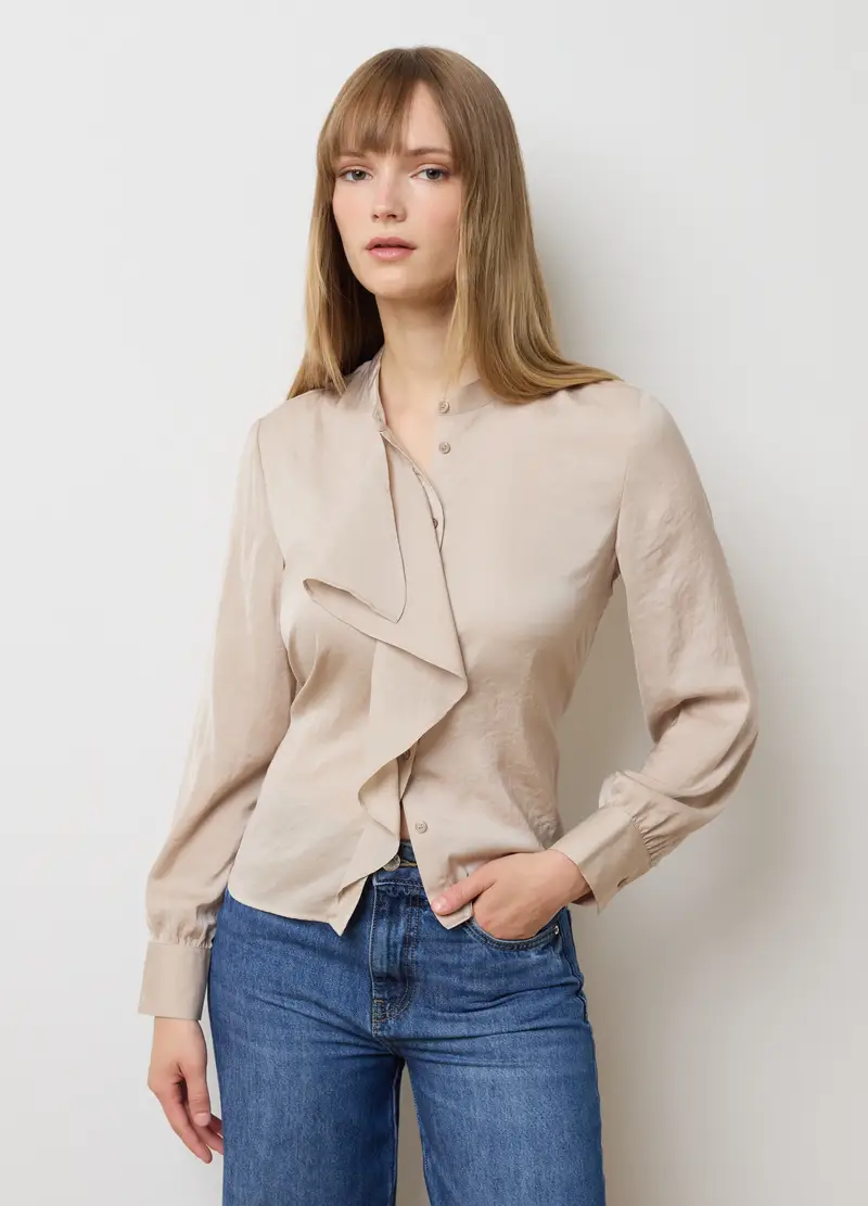 Camicetta Beige Con Collo Alla Coreana, Donna, Beige miniatura 3