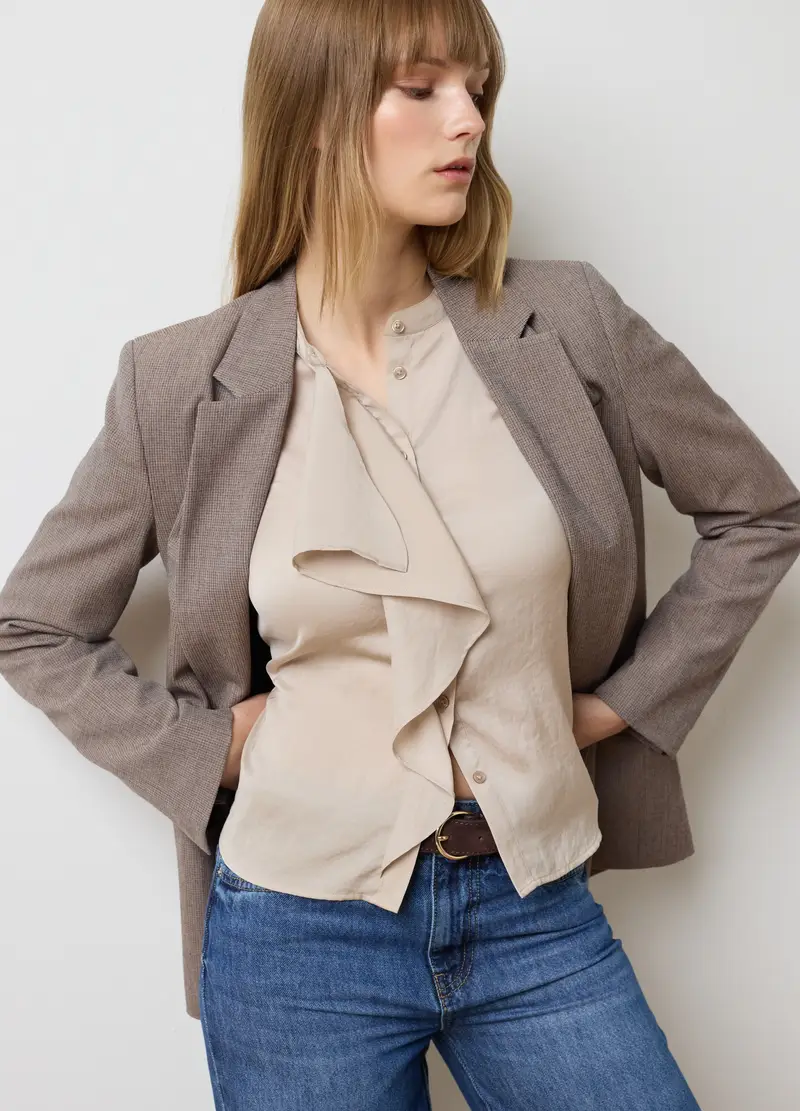 Camicetta Beige Con Collo Alla Coreana, Donna, Beige