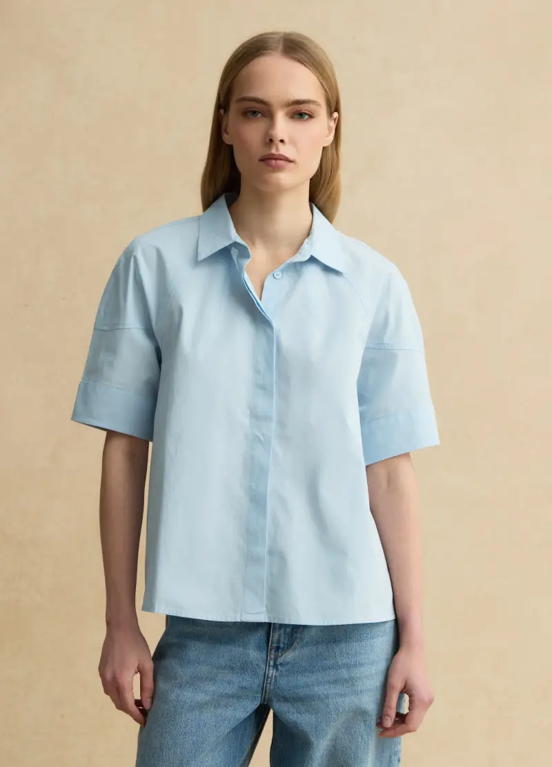 Camicia A Maniche Corte In Puro Cotone Azzurra Regular Fit, Donna, Azzurro miniatura 2