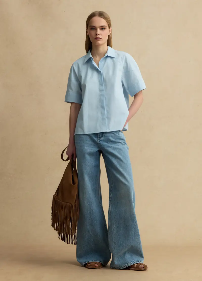 Camicia A Maniche Corte In Puro Cotone Azzurra Regular Fit, Donna, Azzurro