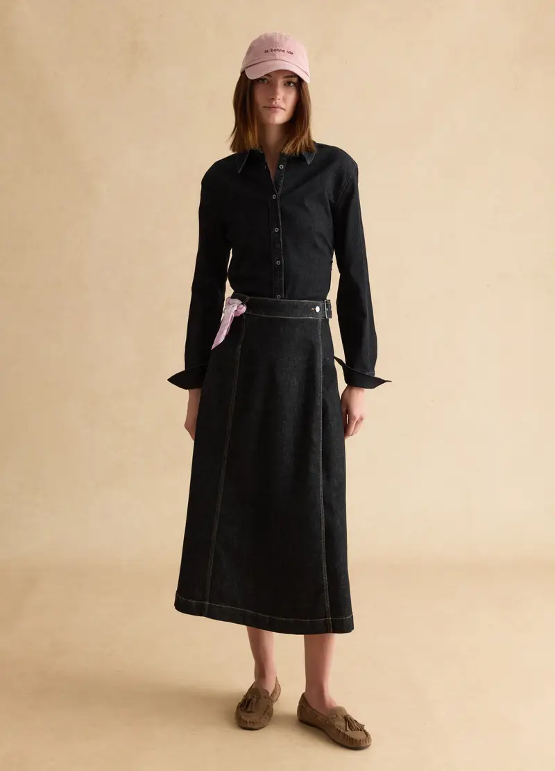 Camicia A Maniche Lunghe In Cotone Elasticizzato Nera Slim Fit, Donna, Nero miniatura 2