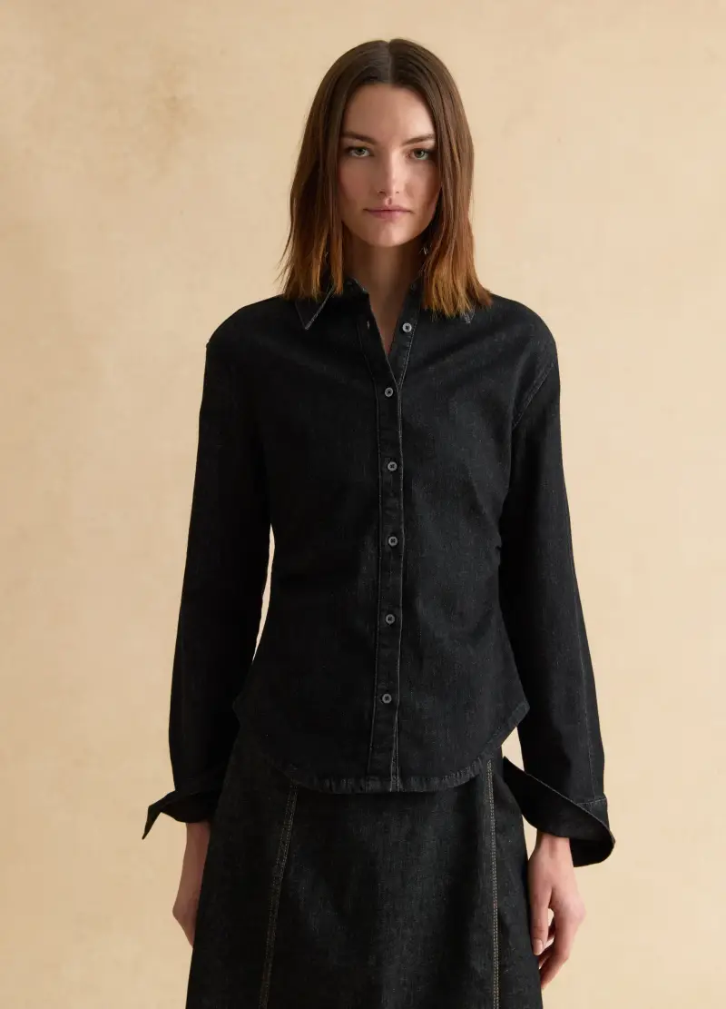 Camicia A Maniche Lunghe In Cotone Elasticizzato Nera Slim Fit, Donna, Nero miniatura 3