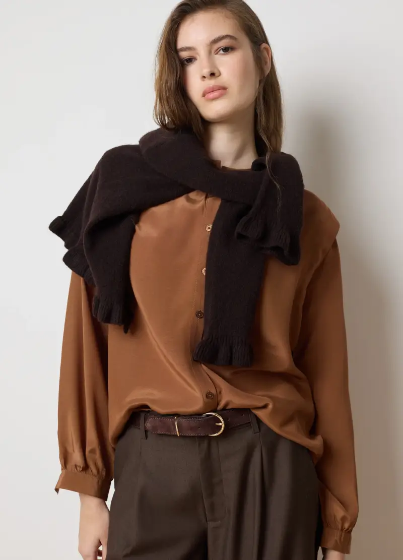 Camicia A Maniche Lunghe Marrone Regular Fit Con Collo Alla Coreana, Donna, Marrone