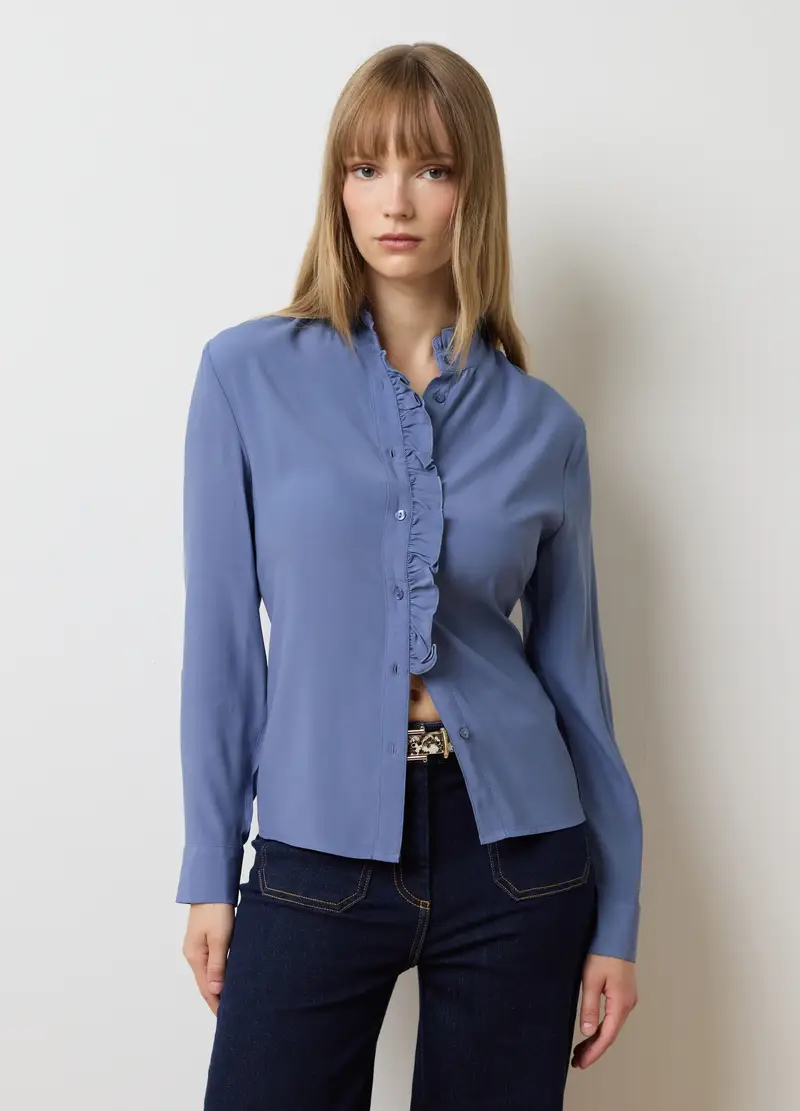 Camicia Azzurra Regular Fit Con Volant, Donna, Azzurro miniatura 3
