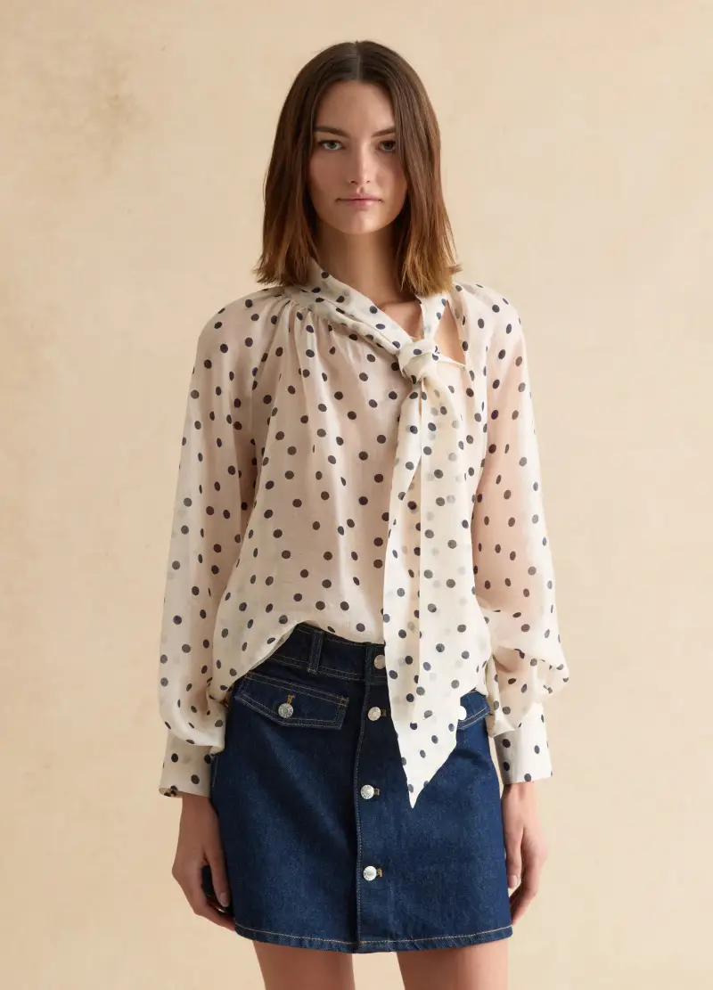 Camicia Bianca A Pois Neri In Misto Lyocell Regular Fit, Donna, Multicolor miniatura 3