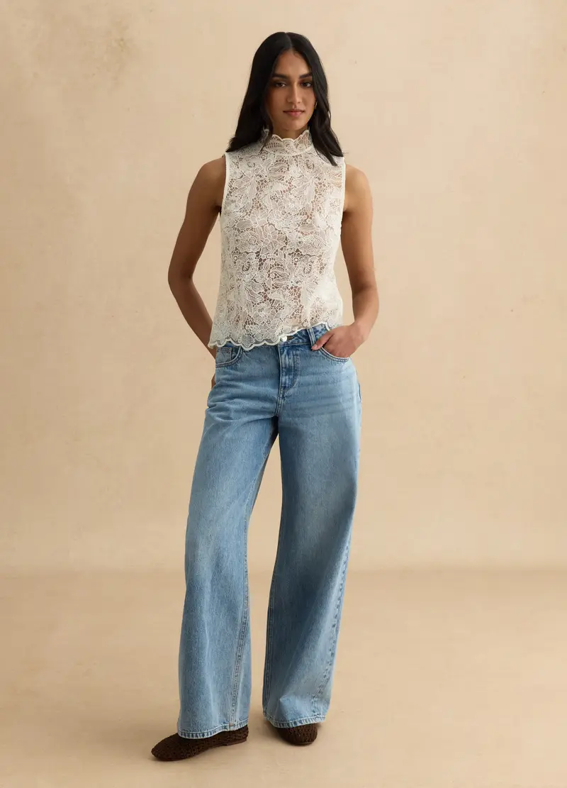 Camicia Bianca In Misto Cotone Con Pizzo, Donna, Beige miniatura 2