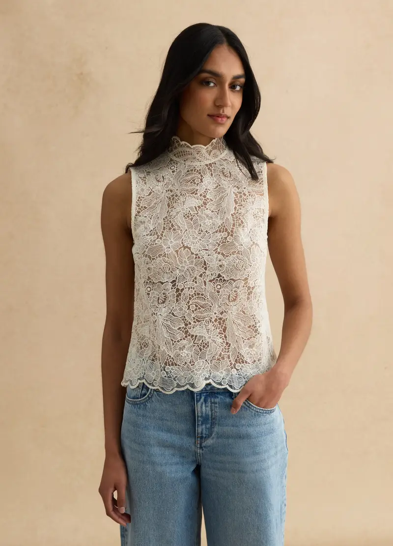 Camicia Bianca In Misto Cotone Con Pizzo, Donna, Beige