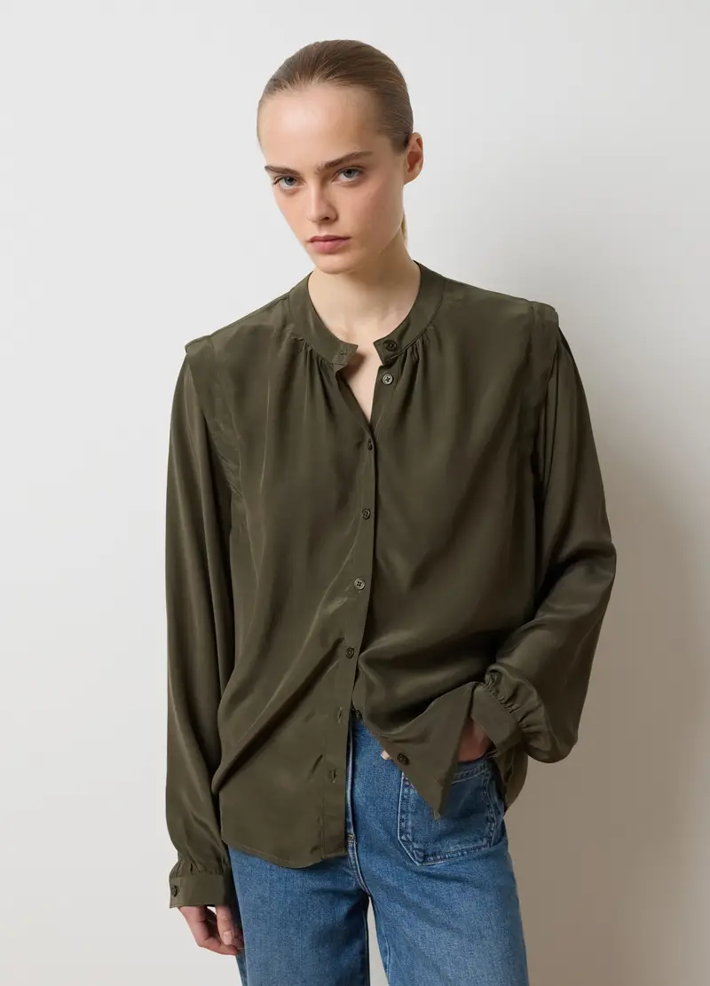 Camicia Con Collo Alla Coreana A Maniche Lunghe Verde Regular Fit, Donna, Verde miniatura 3