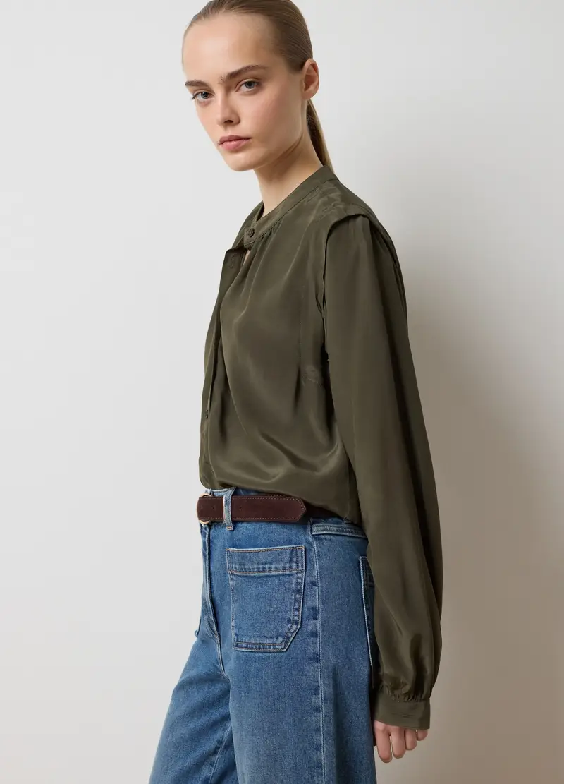 Camicia Con Collo Alla Coreana A Maniche Lunghe Verde Regular Fit, Donna, Verde