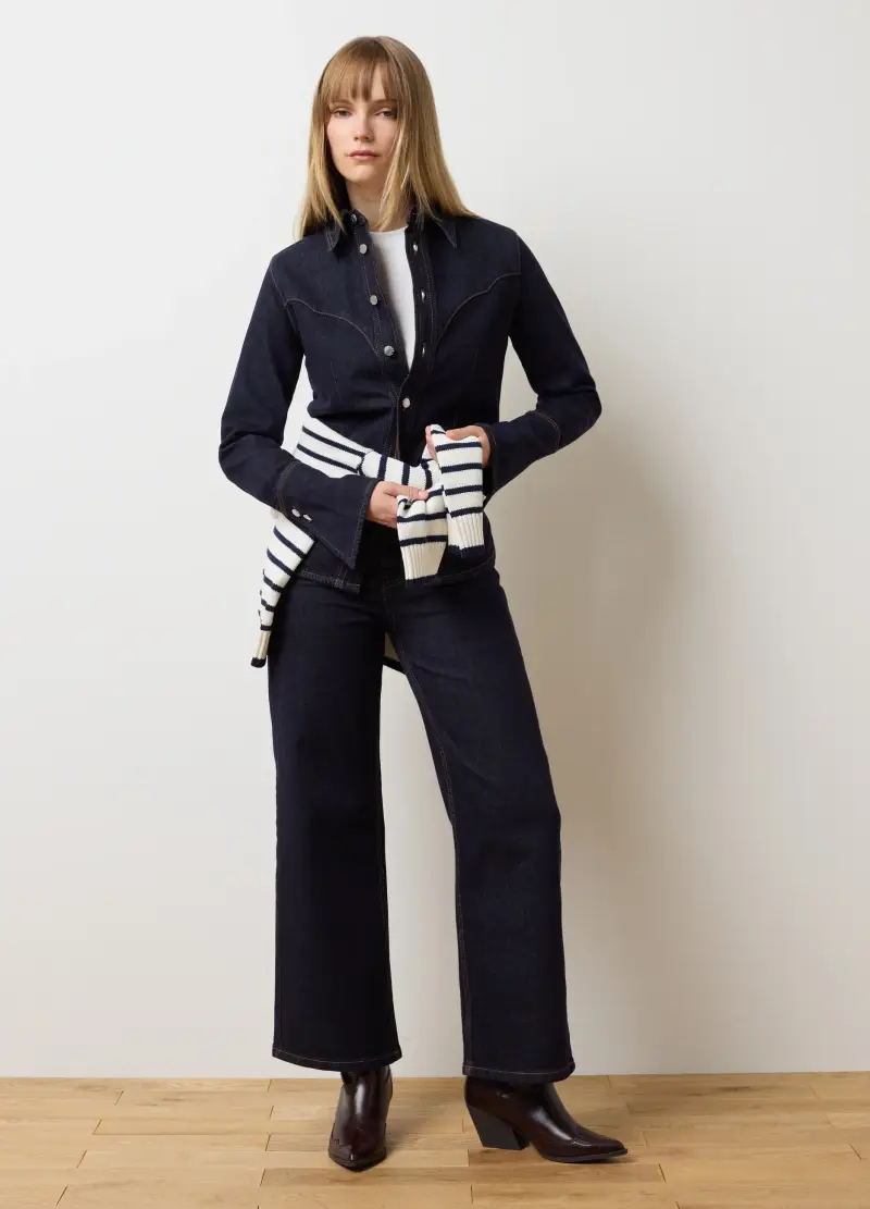 Camicia In Cotone Elasticizzato Blu Slim Fit, Donna, Blu miniatura 2