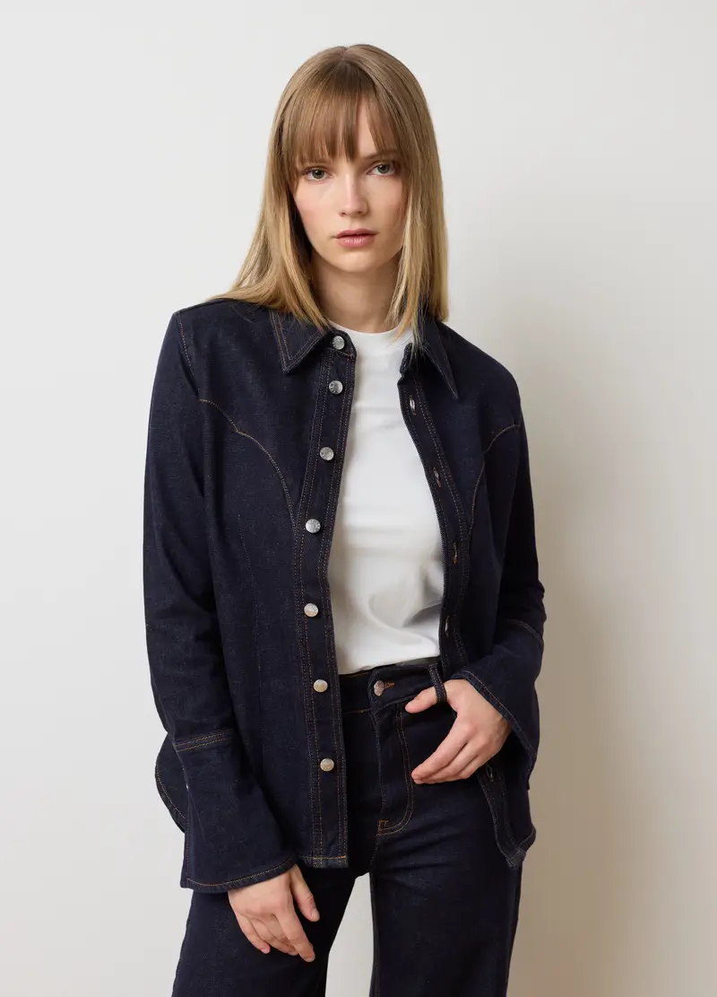 Camicia In Cotone Elasticizzato Blu Slim Fit, Donna, Blu miniatura 3