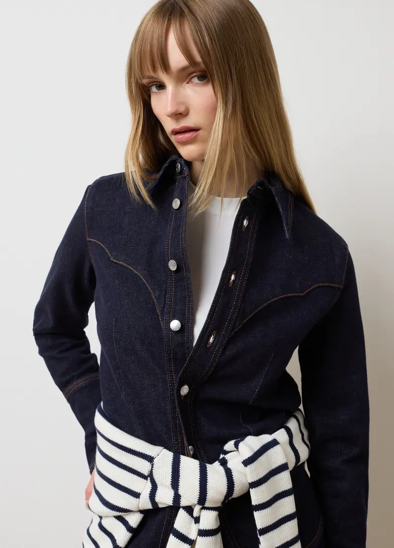 Camicia In Cotone Elasticizzato Blu Slim Fit, Donna, Blu