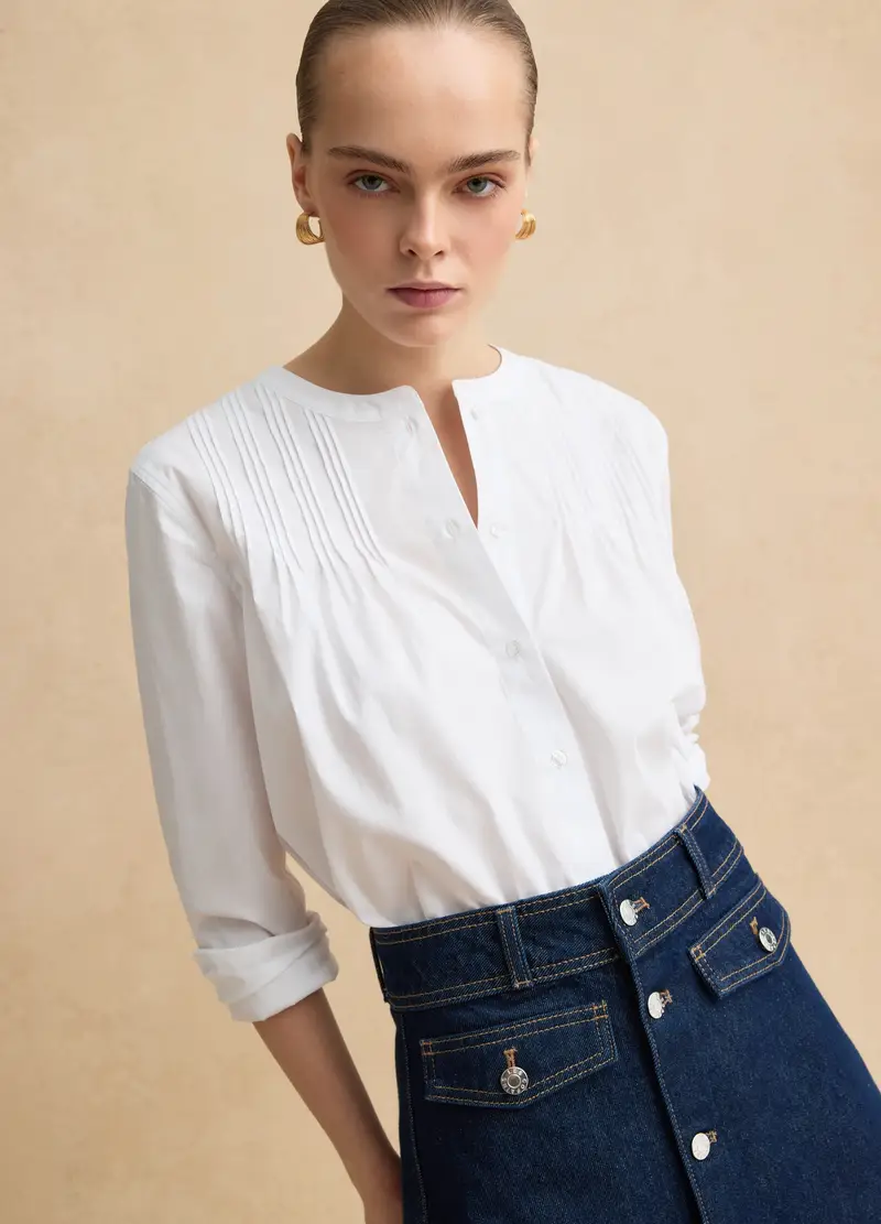 Camicia In Misto Cotone Bianca Regular Fit Con Collo Alla Coreana, Donna, Bianco miniatura 3