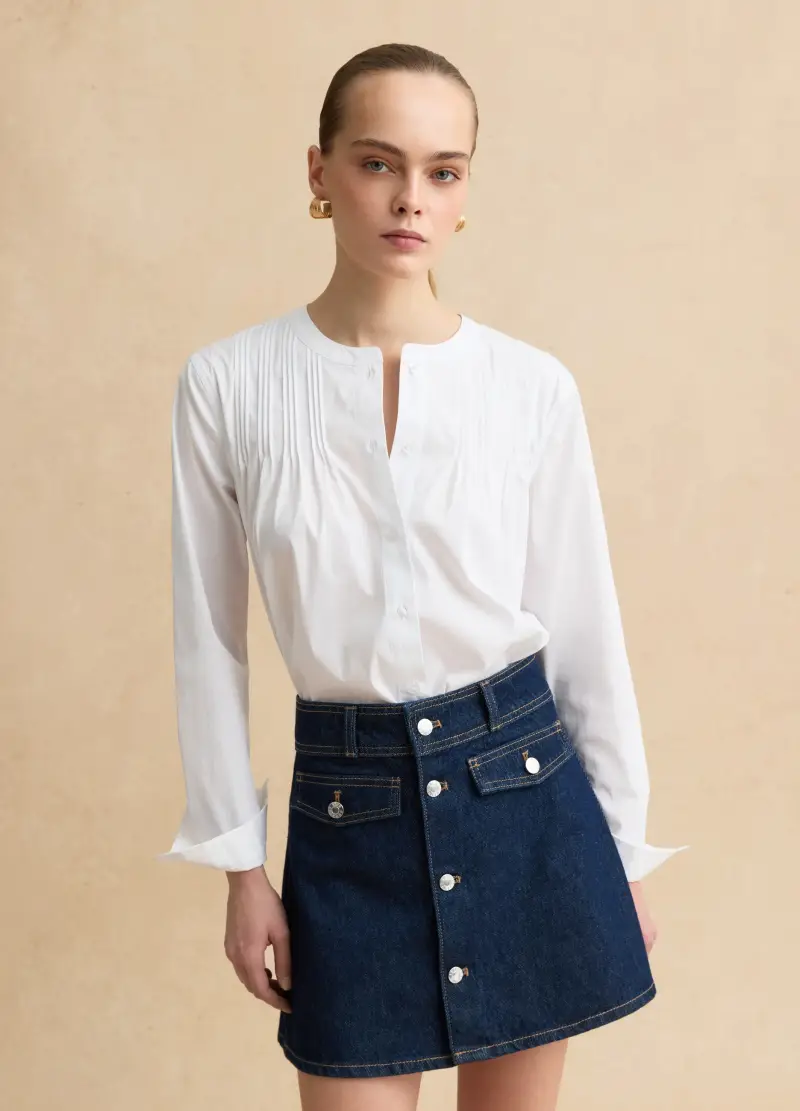 Camicia In Misto Cotone Bianca Regular Fit Con Collo Alla Coreana, Donna, Bianco