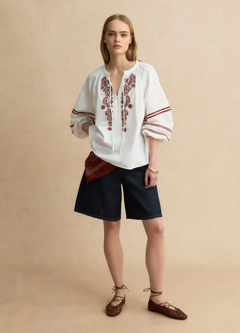 Camicia In Misto Cotone E Lino Bianca Regular Fit Con Ricami Floreali, Donna, Bianco miniatura 2