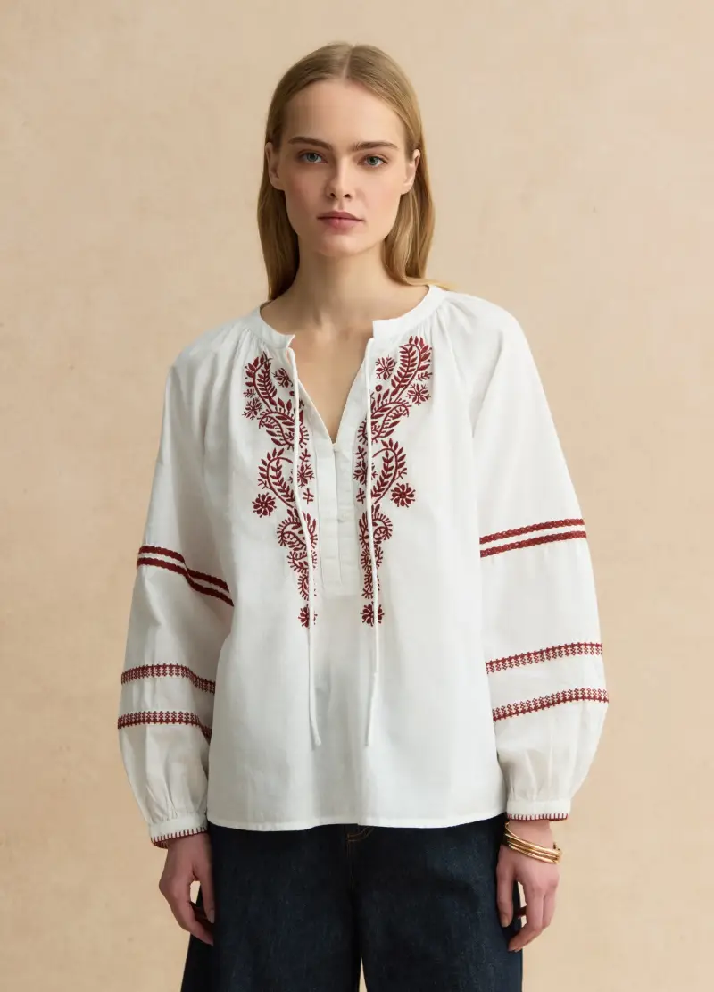 Camicia In Misto Cotone E Lino Bianca Regular Fit Con Ricami Floreali, Donna, Bianco miniatura 3