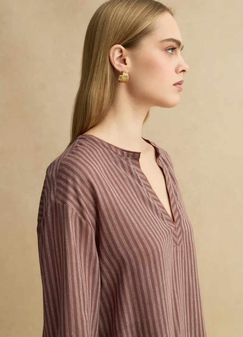 Camicia In Misto Lino A Righe Multicolor Regular Fit Con Collo Coreano, Donna, Multicolor