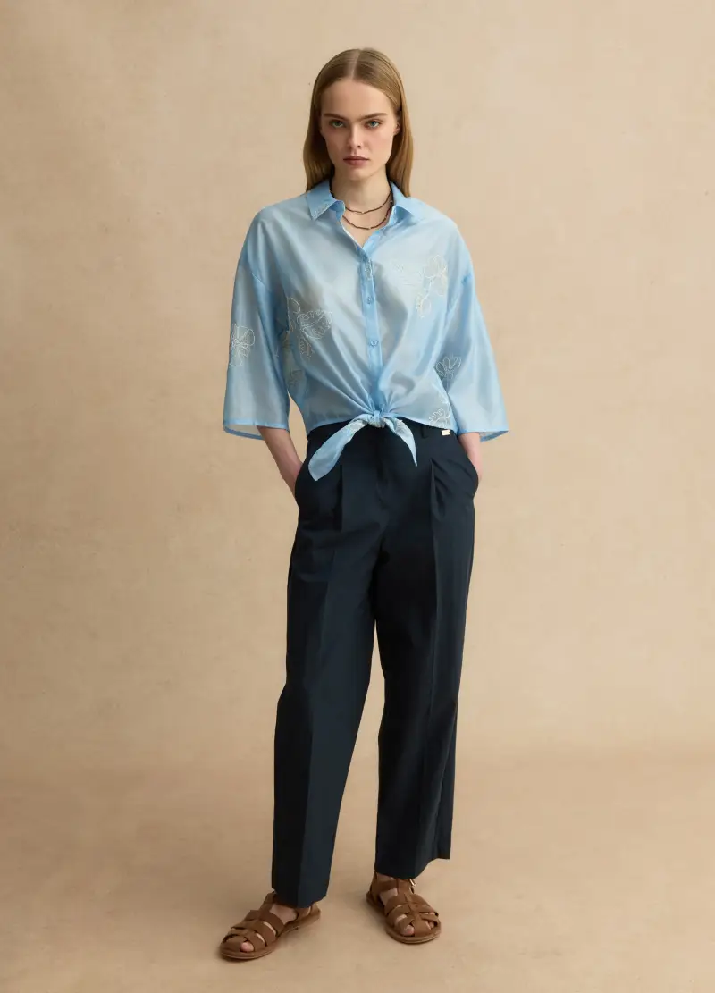 Camicia In Misto Lyocell Azzurra Regular Fit Con Ricami Floreali, Donna, Azzurro miniatura 2