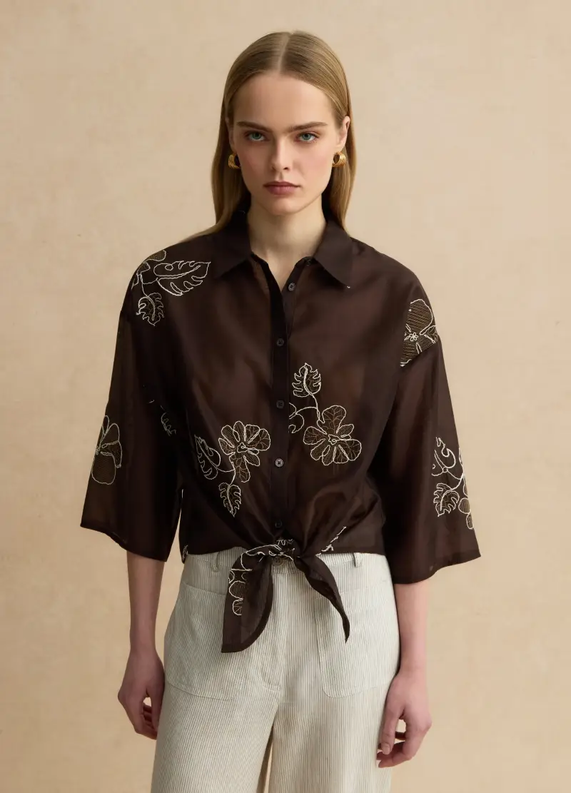 Camicia In Misto Lyocell Marrone Regular Fit Con Ricami Floreali, Donna, Marrone miniatura 2