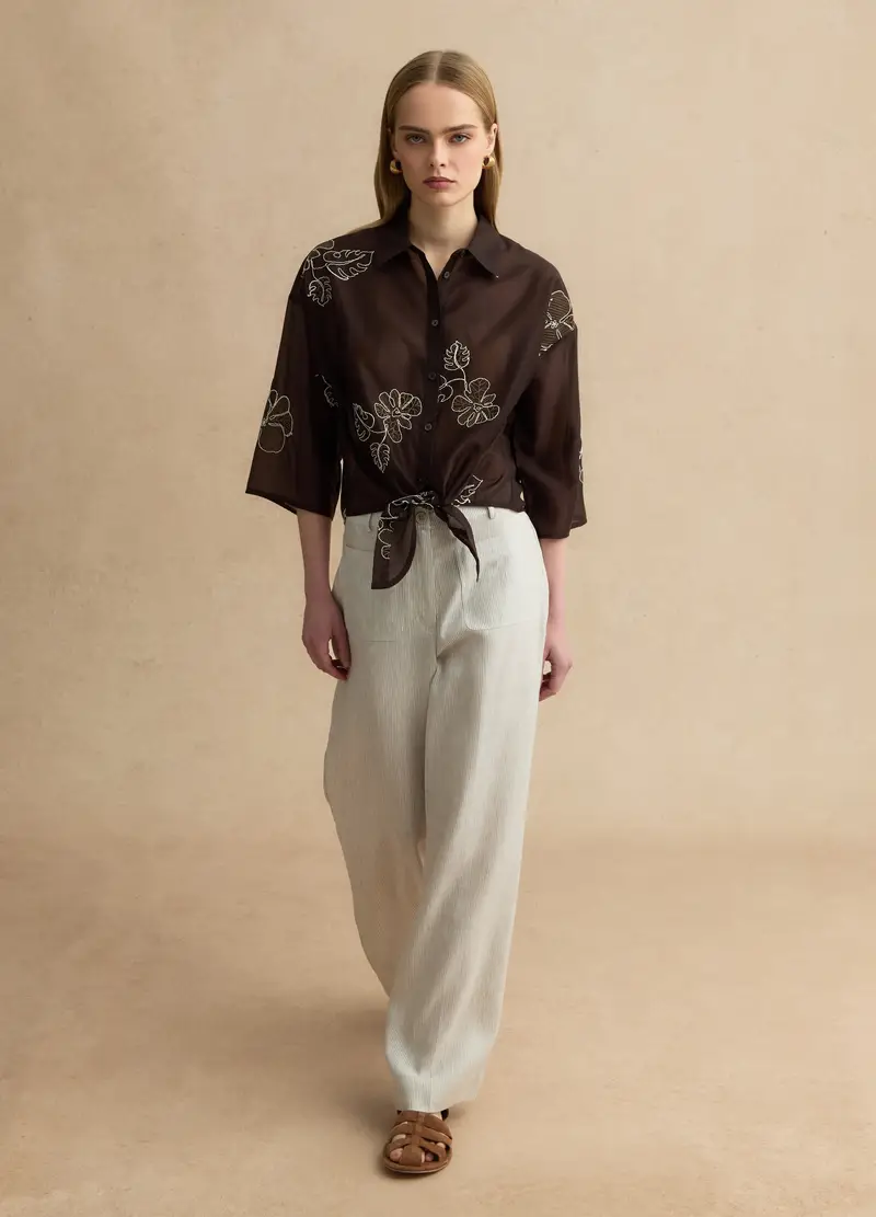 Camicia In Misto Lyocell Marrone Regular Fit Con Ricami Floreali, Donna, Marrone miniatura 3