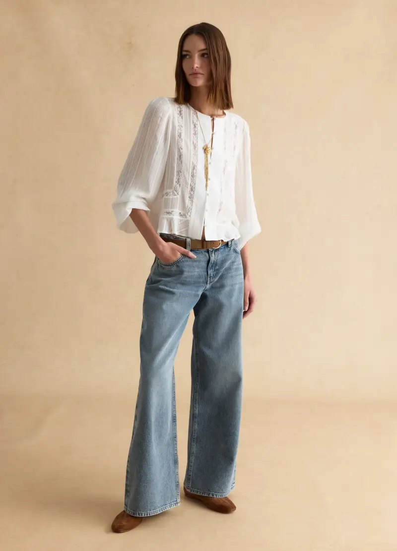 Camicia In Pura Viscosa Bianca Regular Fit Con Dettagli In Pizzo, Donna, Bianco miniatura 2