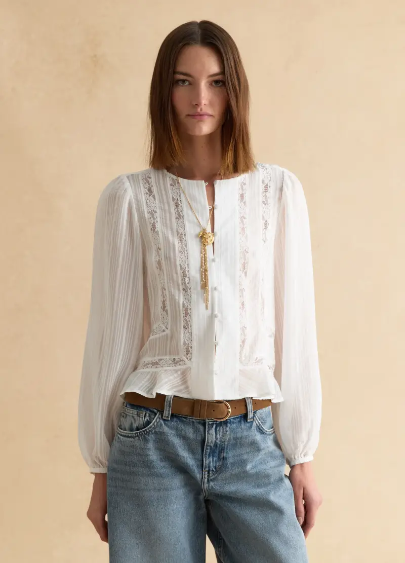 Camicia In Pura Viscosa Bianca Regular Fit Con Dettagli In Pizzo, Donna, Bianco miniatura 3