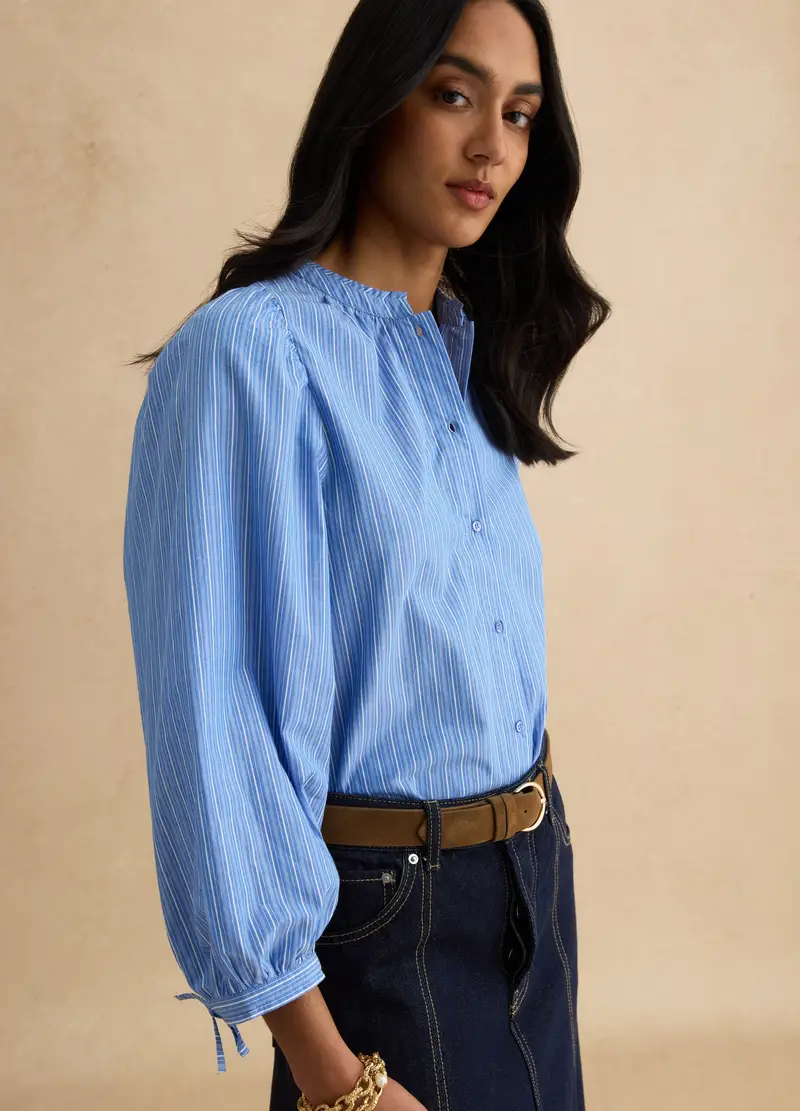 Camicia In Puro Cotone A Righe Multicolor Regular Fit Con Collo Coreano, Donna, Multicolor